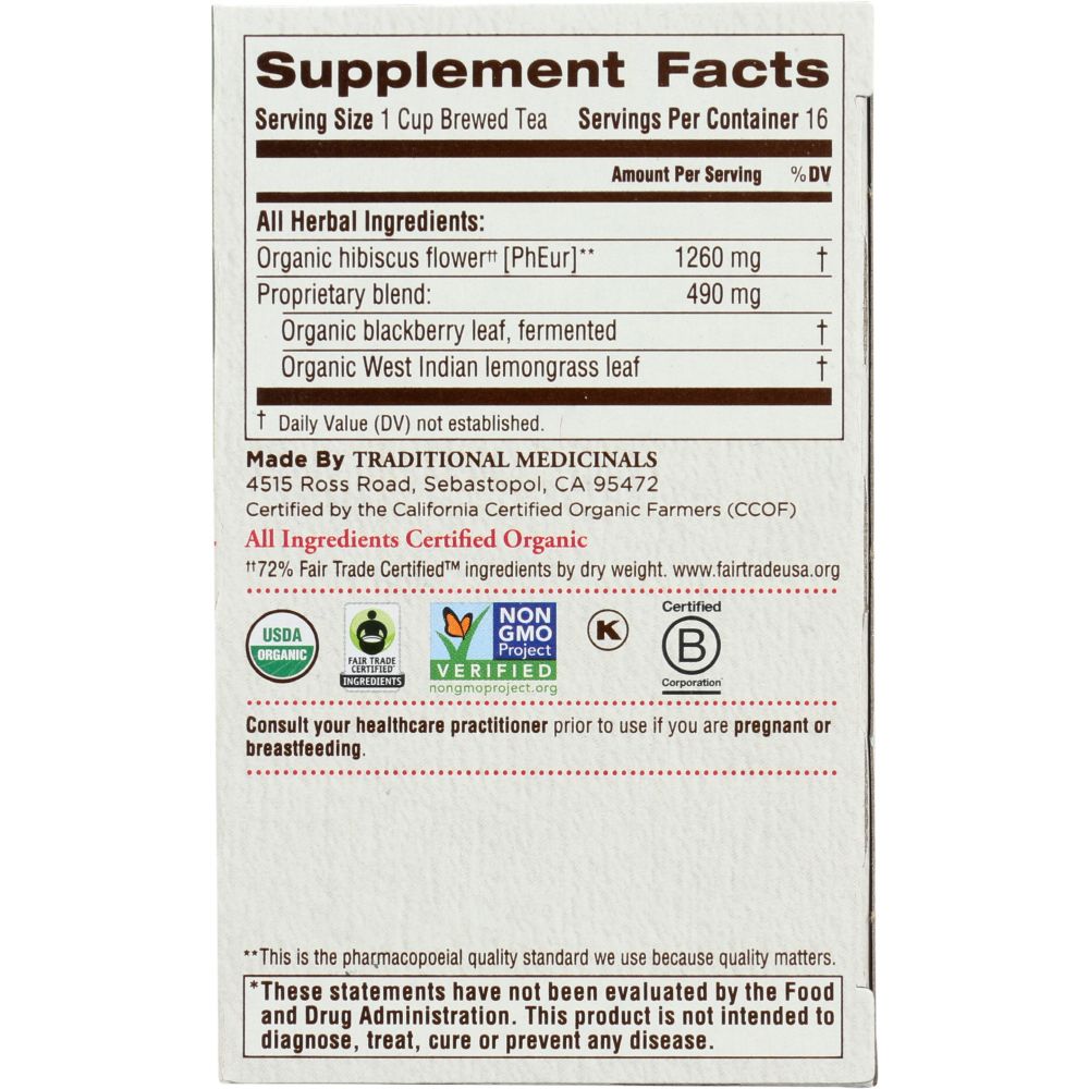 TRADICIONAL MEDICINALS: Organic Hibiscus Caffeine Free Herbal Tea 16 Tea Bags, 0.99 oz