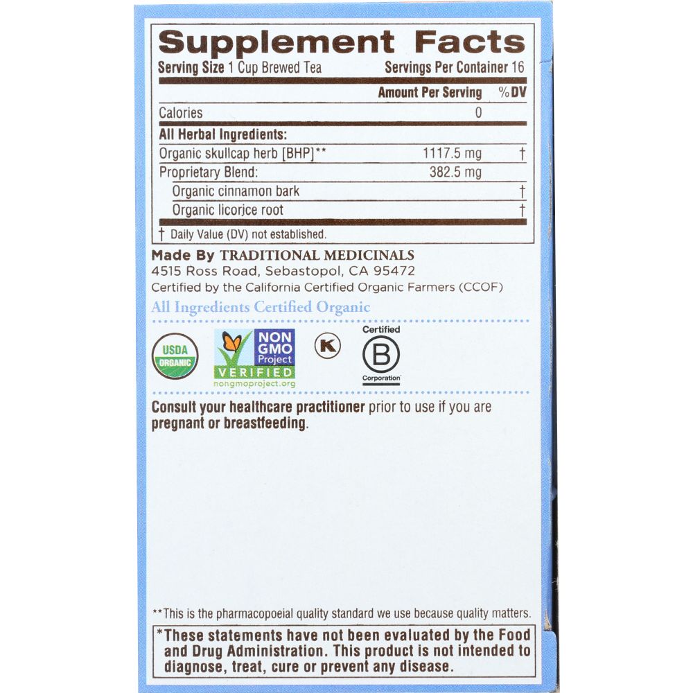 TRADITIONAL MEDICINALS: Organic Stress Ease Cinnamon Tea 16 Tea Bags, 0.85 oz