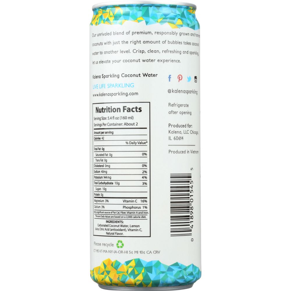 KALENA SPARKLING COCONUT WATER: Sparkling Lemon Coconut Water, 10.8 oz