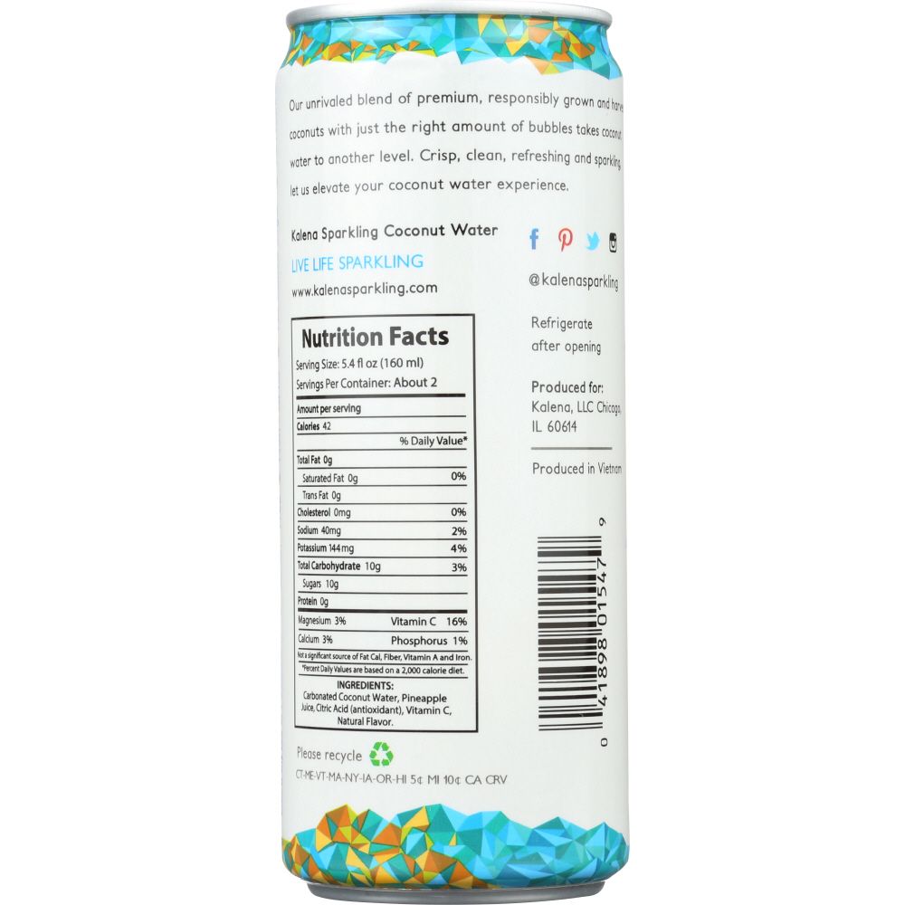 KALENA SPARKLING COCONUT WATER: Sparkling Coconut Water with Pineapple, 10.8 oz