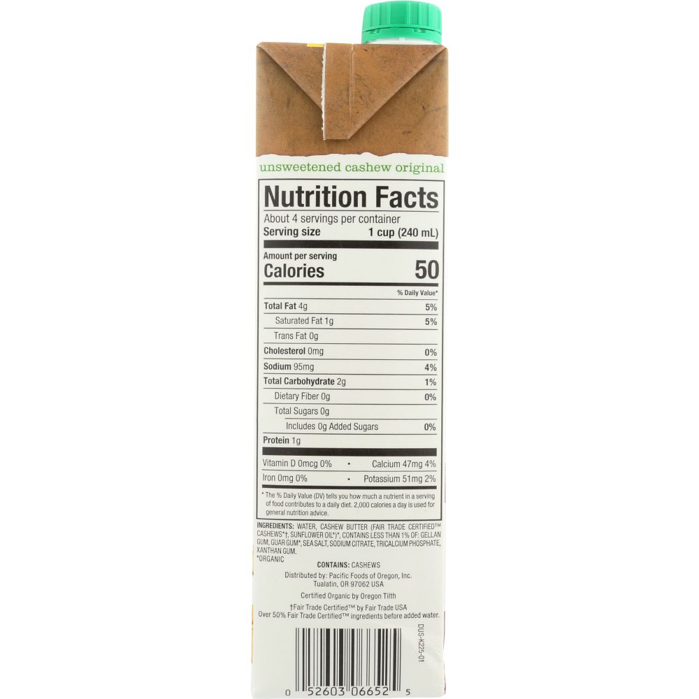 PACIFIC FOODS: Non Dairy Cashew Unsweetened Original Beverage, 32 oz
