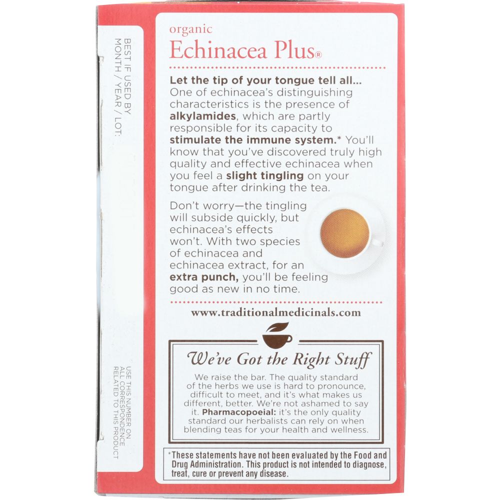 TRADITIONAL MEDICINALS: Organic Echinacea Plus Herbal Tea 16 Tea Bags, 0.85 oz