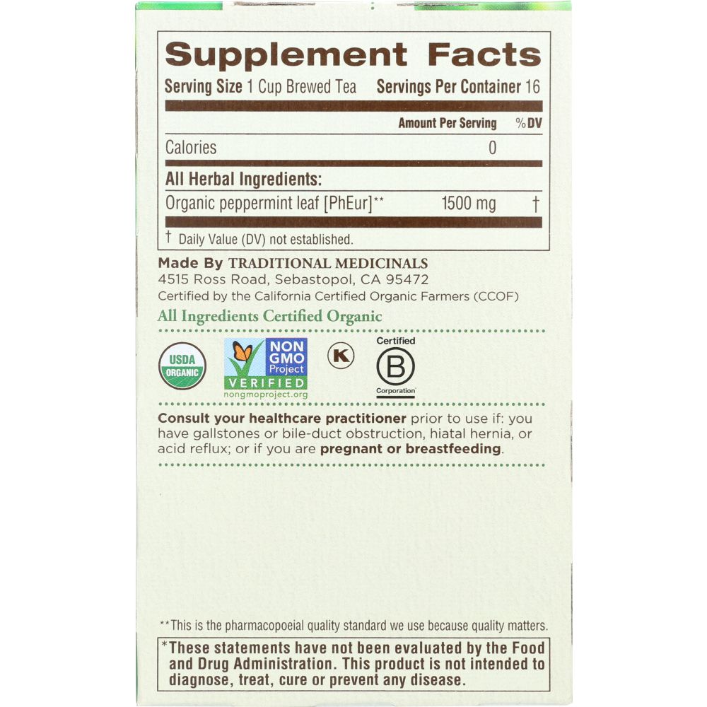 TRADITIONAL MEDICINALS: Organic Peppermint Herbal Tea 16 Tea Bags, 0.85 oz