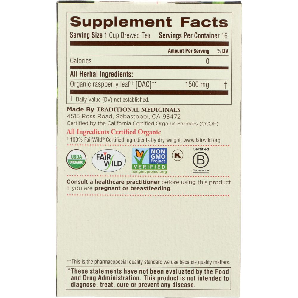 TRADITIONAL MEDICINALS: Organic Raspberry Leaf Caffeine Free Herbal Tea 16 Tea Bags, 0.85 oz