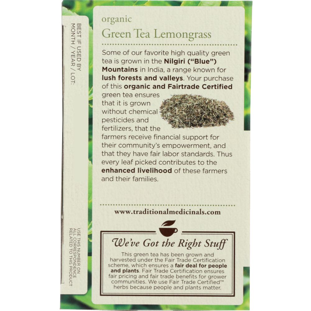 TRADITIONAL MEDICINALS: Organic Green Tea Lemongrass 16 Tea Bags, 0.85 oz