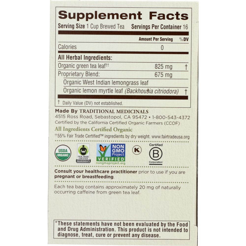 TRADITIONAL MEDICINALS: Organic Green Tea Lemongrass 16 Tea Bags, 0.85 oz