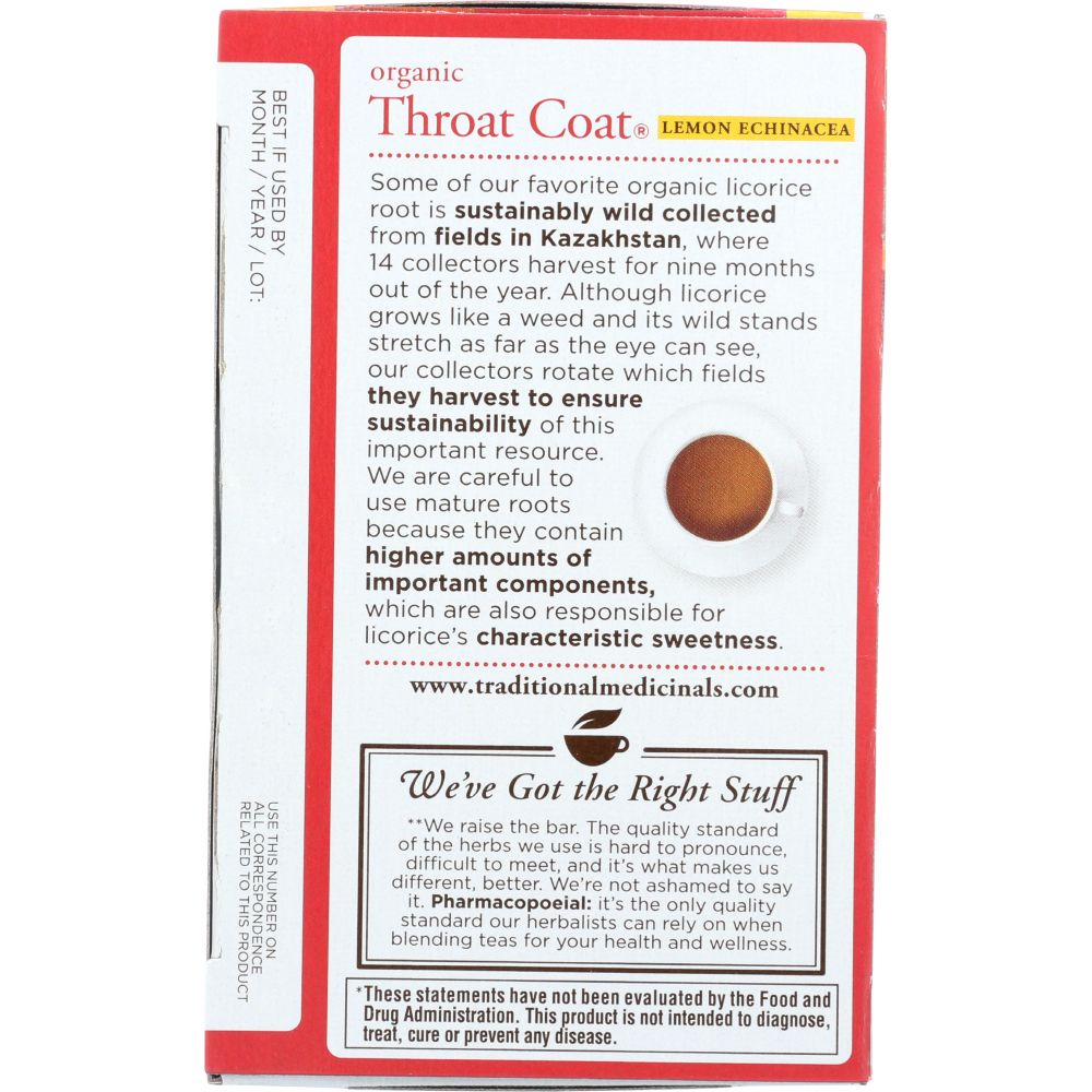 TRADITIONAL MEDICINALS: Organic Throat Coat Lemon Echinacea Herbal Tea 16 Tea Bags, 1.13 oz