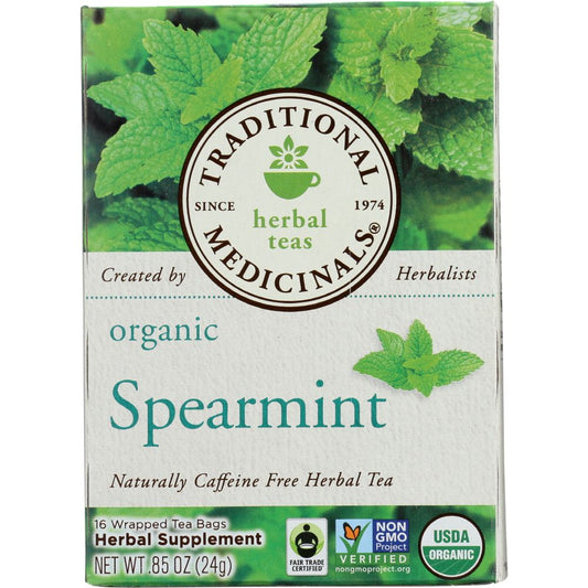 TRADITIONAL MEDICINALS: Organic Spearmint Caffeine Free Herbal Tea 16 Tea Bags, 0.85 oz