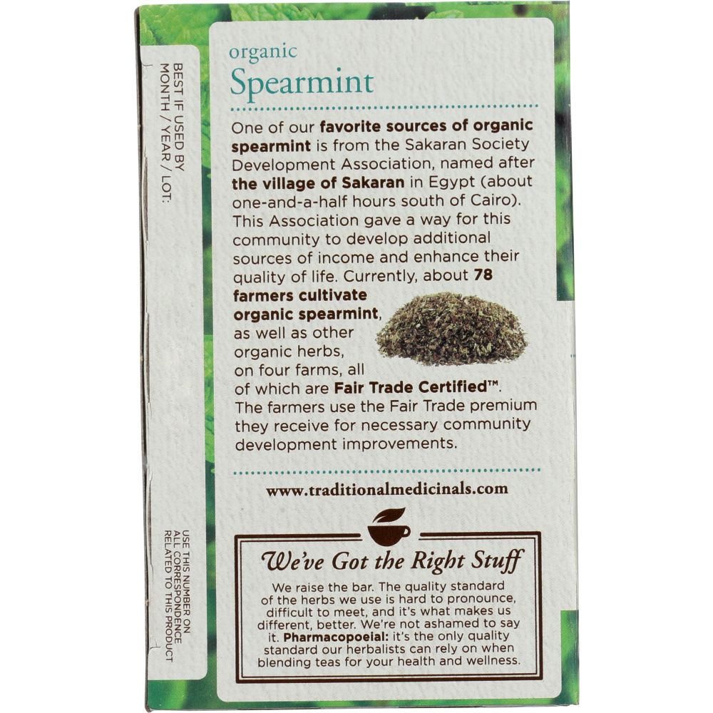 TRADITIONAL MEDICINALS: Organic Spearmint Caffeine Free Herbal Tea 16 Tea Bags, 0.85 oz