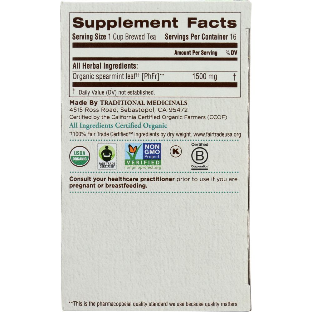 TRADITIONAL MEDICINALS: Organic Spearmint Caffeine Free Herbal Tea 16 Tea Bags, 0.85 oz