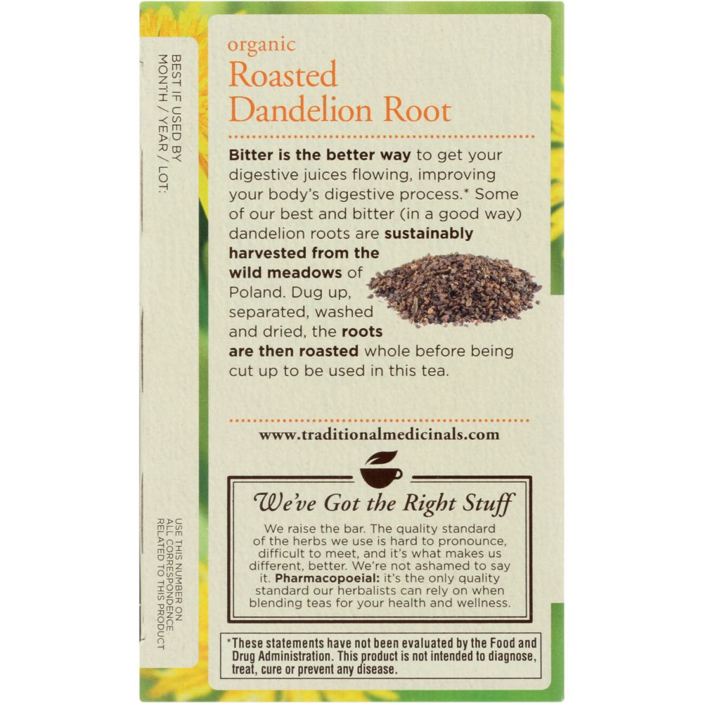 TRADITIONAL MEDICINALS: Organic Roasted Dandelion Root Herbal Tea 16 Tea Bags, 0.85 oz