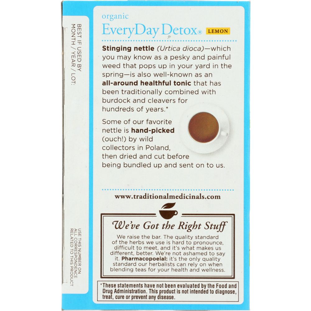 TRADITIONAL MEDICINALS: Organic Everyday Detox Lemon Caffeine Free Herbal Tea 16 Tea Bags, 0.85 oz