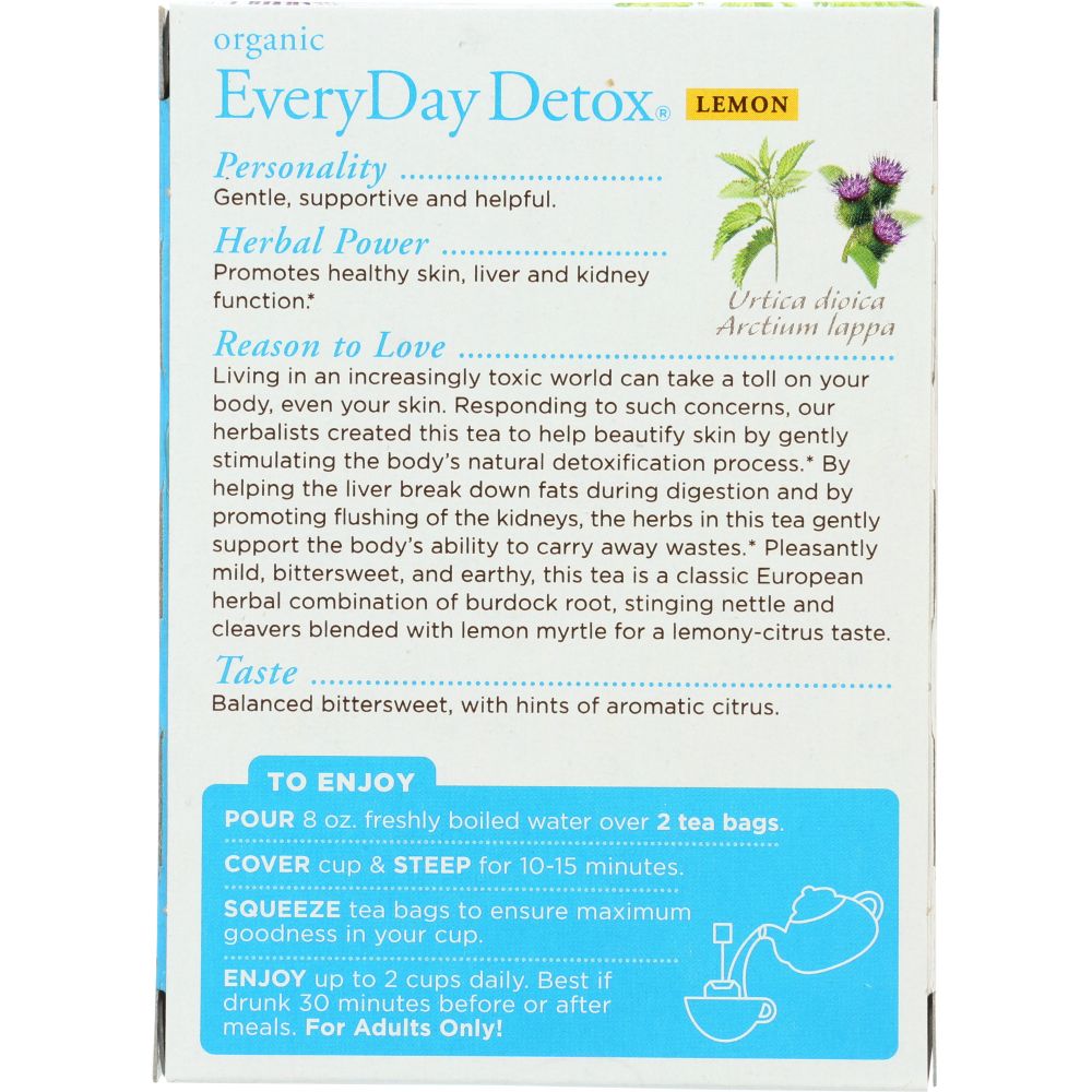 TRADITIONAL MEDICINALS: Organic Everyday Detox Lemon Caffeine Free Herbal Tea 16 Tea Bags, 0.85 oz