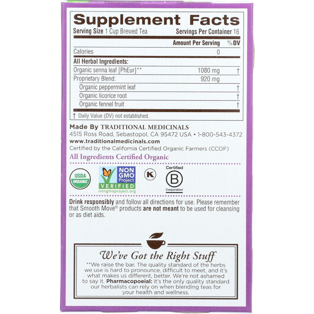 TRADITIONAL MEDICINALS: Organic Smooth Move Peppermint Herbal Tea 16 Tea Bags, 1.13 oz