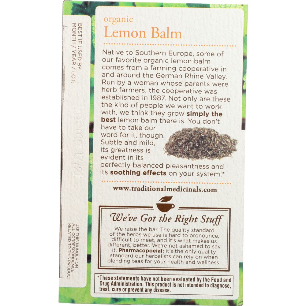 TRADITIONAL MEDICINALS: Organic Lemon Balm Caffeine Free Herbal Tea 16 Tea Bags, 0.85 oz