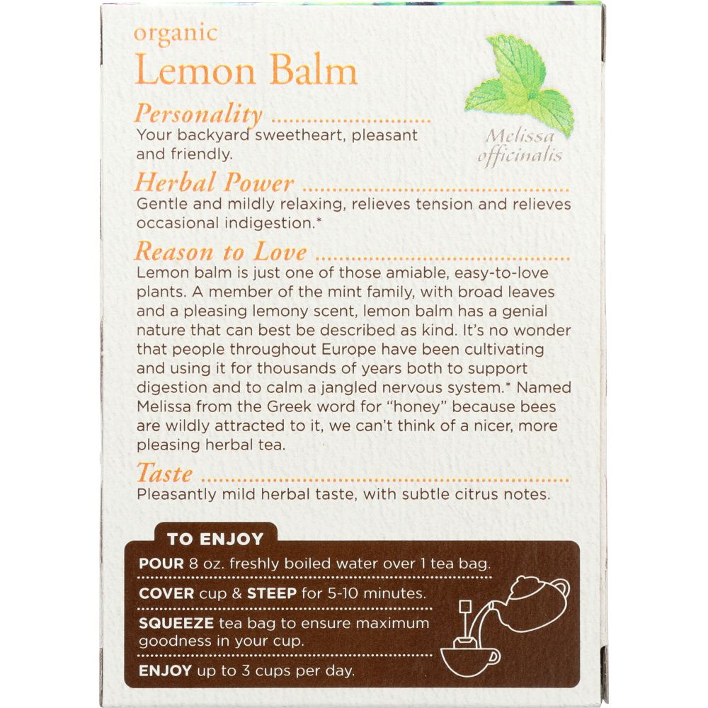 TRADITIONAL MEDICINALS: Organic Lemon Balm Caffeine Free Herbal Tea 16 Tea Bags, 0.85 oz