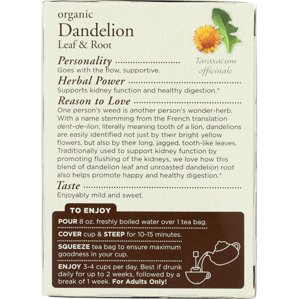 TRADITIONAL MEDICINALS: Organic Dandelion Leaf & Root Caffeine Free Herbal Tea 16 Tea Bags, 0.99 oz