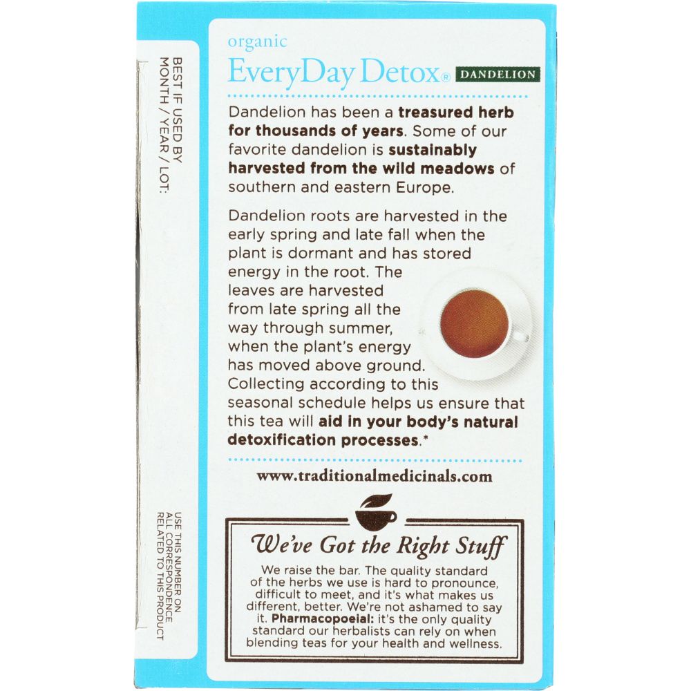 TRADITIONAL MEDICINALS: Organic Everyday Detox Dandelion Herbal Tea 16 Tea Bags, 0.85 oz