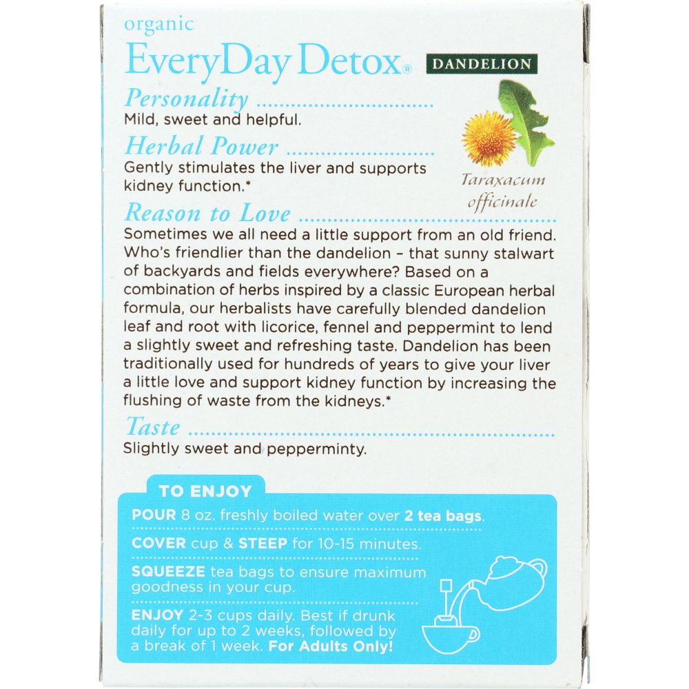 TRADITIONAL MEDICINALS: Organic Everyday Detox Dandelion Herbal Tea 16 Tea Bags, 0.85 oz