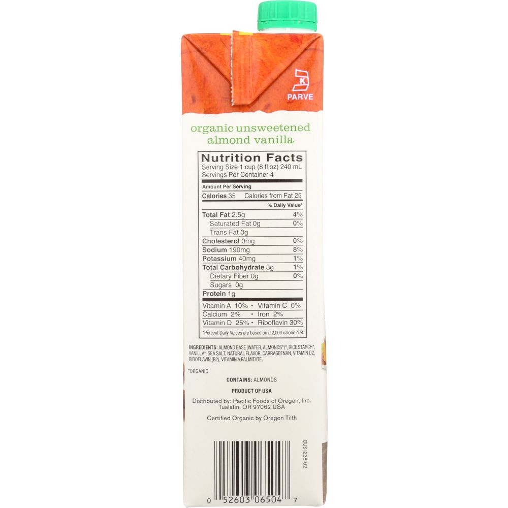 PACIFIC FOODS: Organic Unsweetened Almond Beverage Vanilla, 32 oz