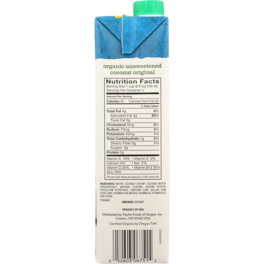 PACIFIC FOODS: Organic Coconut Original Unsweetened Non-Dairy Beverage, 32 oz