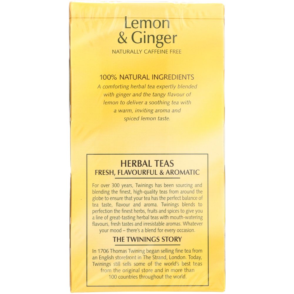 TWININGS OF LONDON: Herbal Lemon & Ginger Naturally Caffeine Free, 20 Tea Bags, 1.06 oz