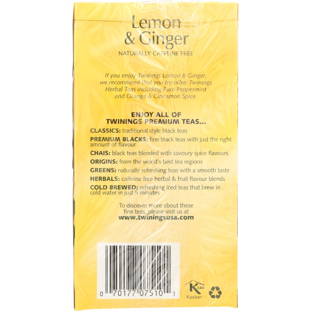 TWININGS OF LONDON: Herbal Lemon & Ginger Naturally Caffeine Free, 20 Tea Bags, 1.06 oz