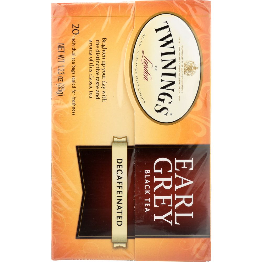 TWININGS OF LONDON: Classics Earl Grey Naturally Decaffeinated, 20 Tea Bags, 1.23 oz