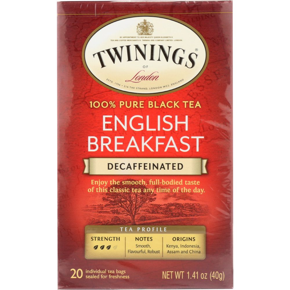 TWININGS OF LONDON: Classics English Breakfast Tea Naturally Decaffeinated, 20 Tea Bags, 1.41 oz