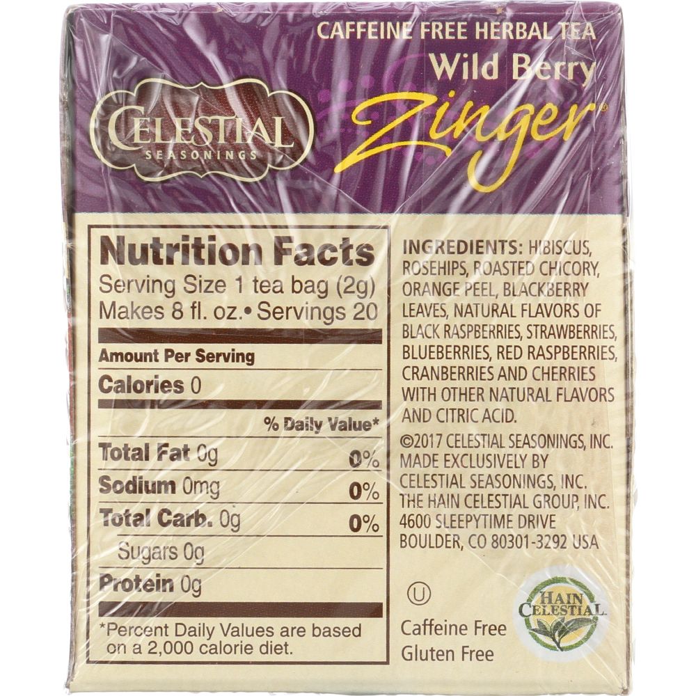 CELESTIAL SEASONINGS: Wild Berry Zinger Herbal Tea Caffeine Free 20 Tea Bags, 1.7 oz