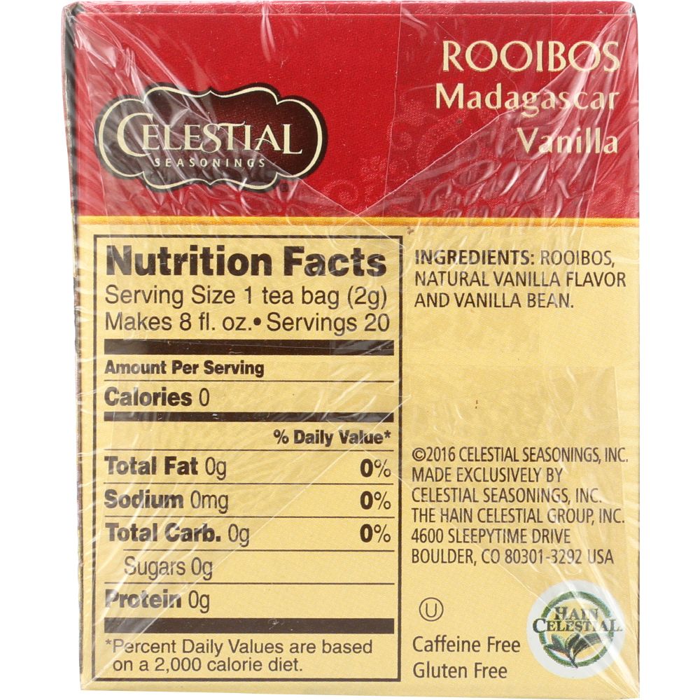 CELESTIAL SEASONINGS: Red Tea African Rooibos Caffeine Free Madagascar Vanilla 20 Tea Bags, 1.5 oz