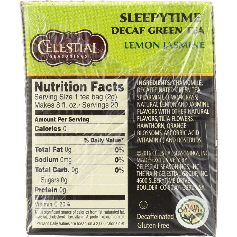 CELESTIAL SEASONINGS: Decaf Sleepytime Green Lemon Jasmine Tea 20 Tea Bags, 1.1 oz