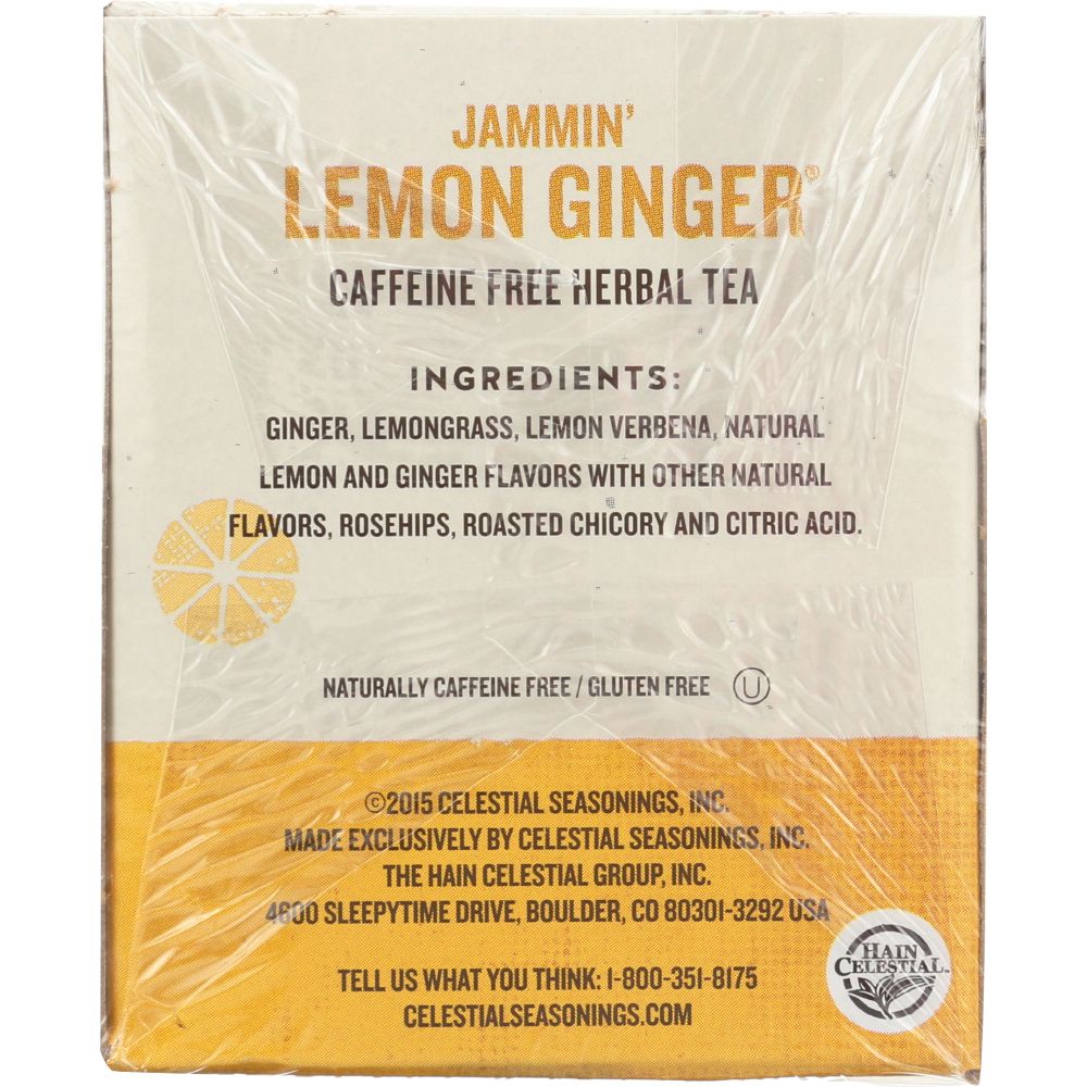 CELESTIAL SEASONINGS: Jammin' Lemon Ginger Herbal Tea Caffeine Free 20 Tea Bags, 1.6 oz