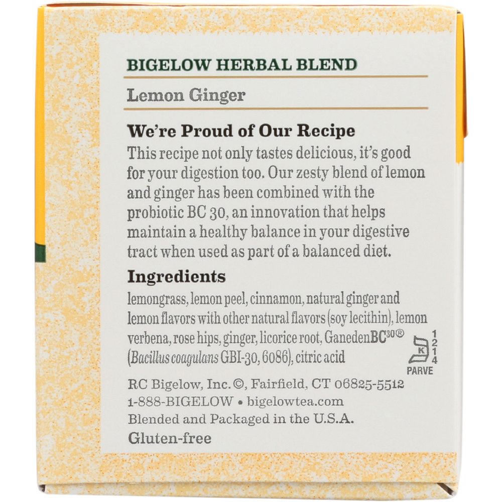 BIGELOW: Lemon Ginger Herbal Tea Probiotics 18 Bags, 1.39 oz