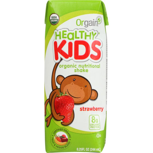 ORGAIN: Healthy Kids Organic Nutritional Shake Strawberry Gluten Free Non GMO Kosher, 8.25 oz