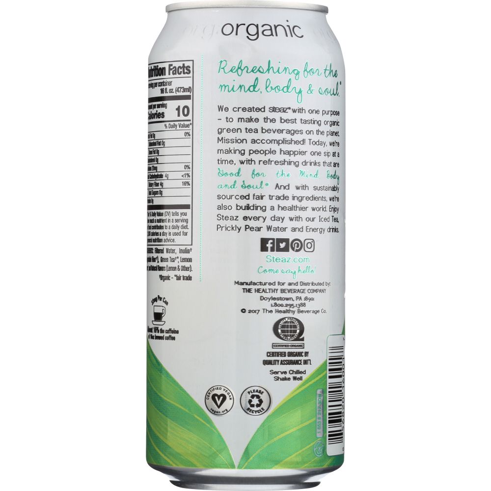 STEAZ: Organic Iced Green Tea Unsweetened with Lemon, 16 oz