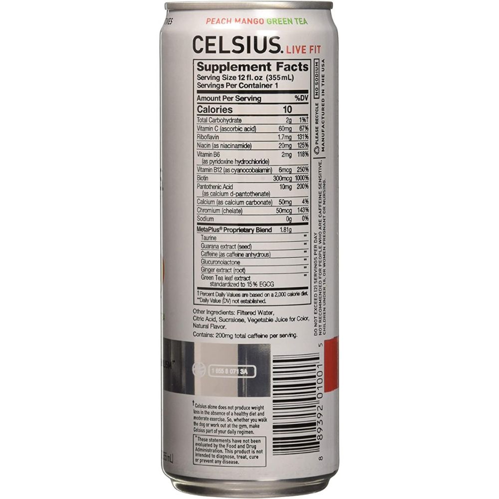 CELSIUS: Live Fit Peach Mango Green Tea, 12 oz