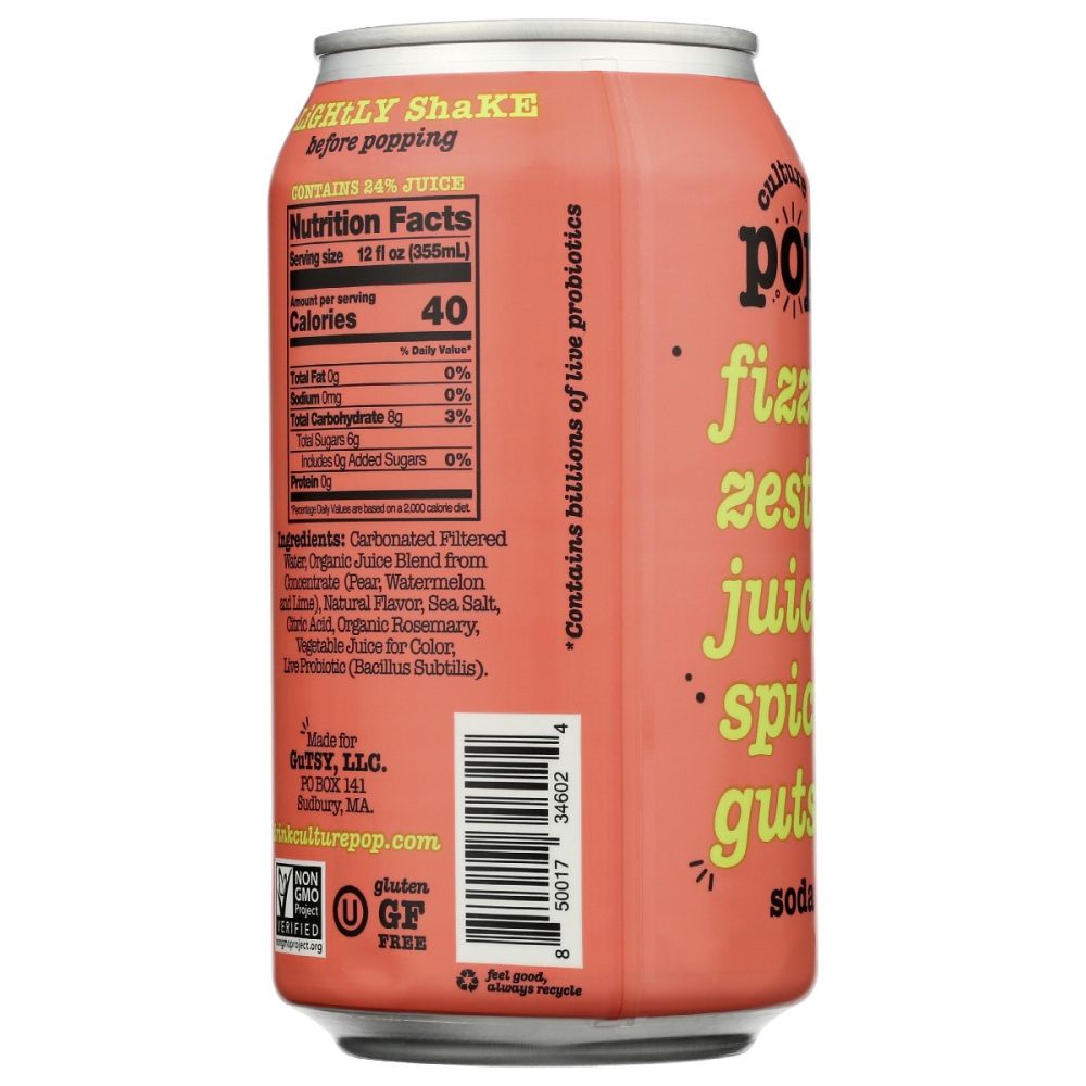 CULTURE POP: Watermelon Lime & Rosemary Probiotic Soda, 12 fo