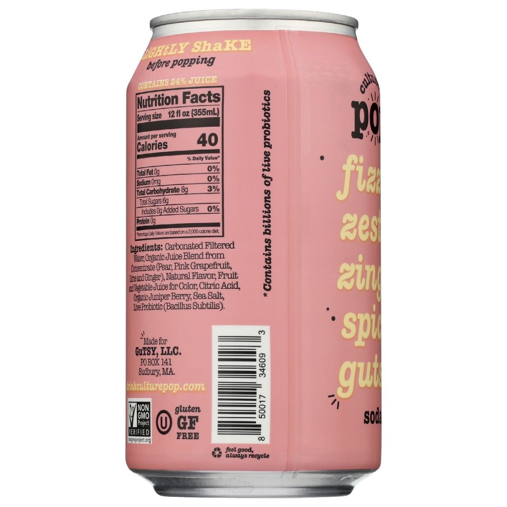 CULTURE POP: Pink Grapefruit Ginger & Juniper Probiotic Soda, 12 fo