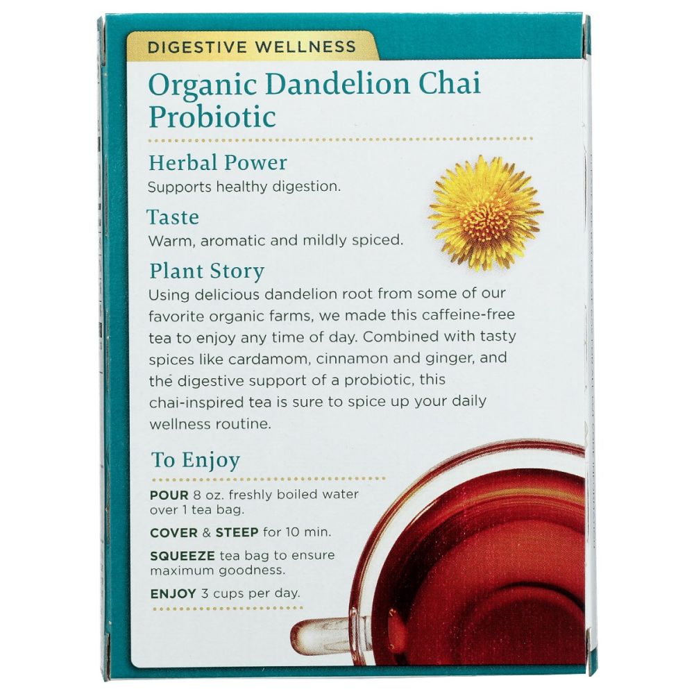 TRADITIONAL MEDICINALS: Tea Chai Dandelion Prbtic, 16 bg