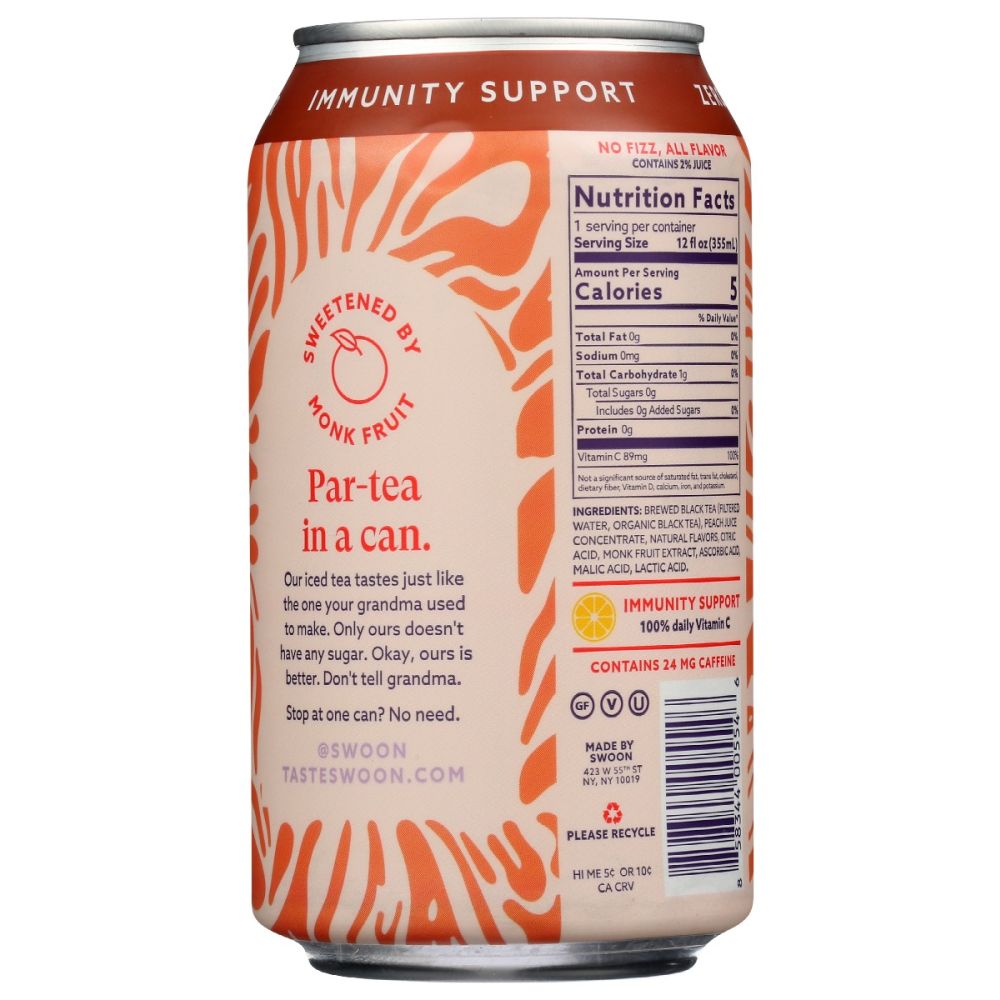 SWOON: Tea Peach Iced Zero Sugar, 12 fo