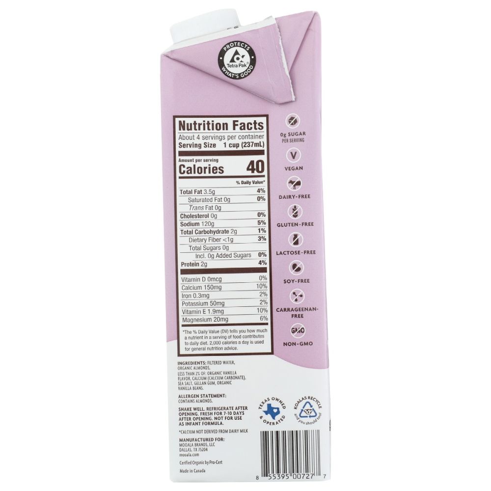 MOOALA: Unsweetened Vanilla Bean Almond Milk, 33.8 fo